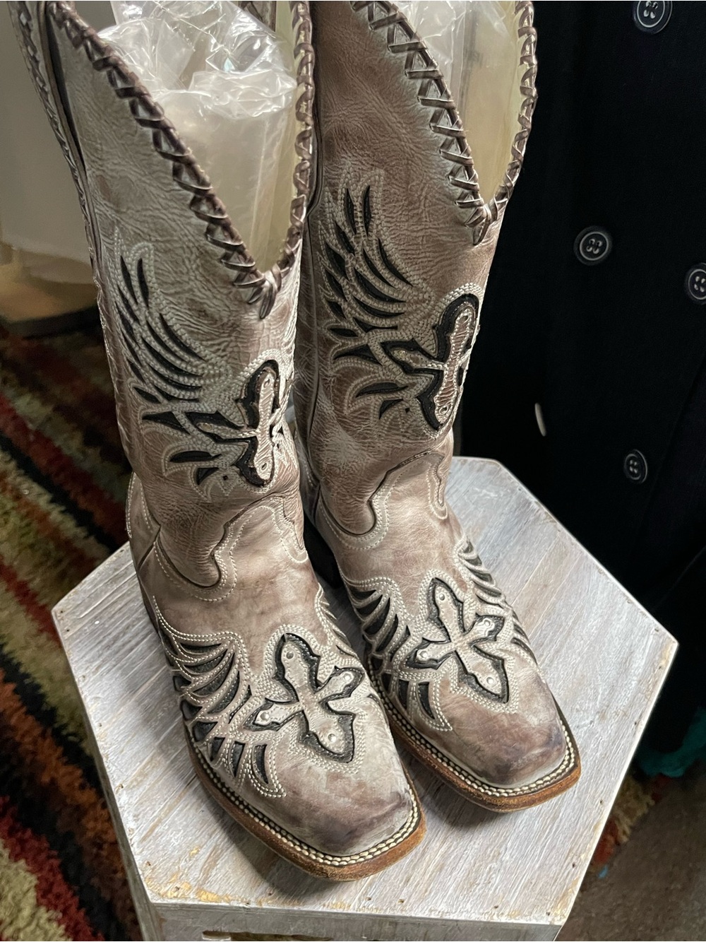 JB Dillion Taupe and Black Embroidered Western Heeled Boots
